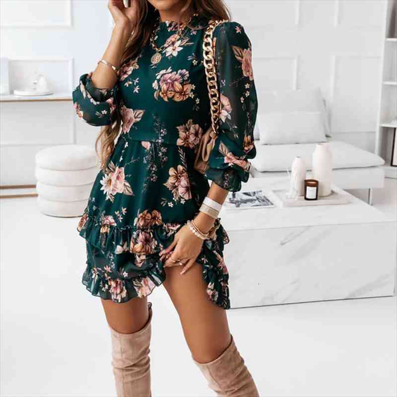 

autumn ruffle flowers print dress women chiffon long sleeve floral dresses green red female a line short party vestidos, Black;gray