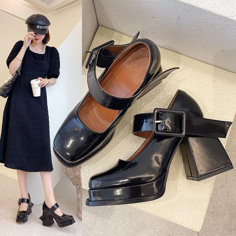 

Dress Shoes 2021 High-heeled Mary Jane French One-button Thick-soled Waterproof Platform Shallow Single-breasted Retro Small Square-he, Black