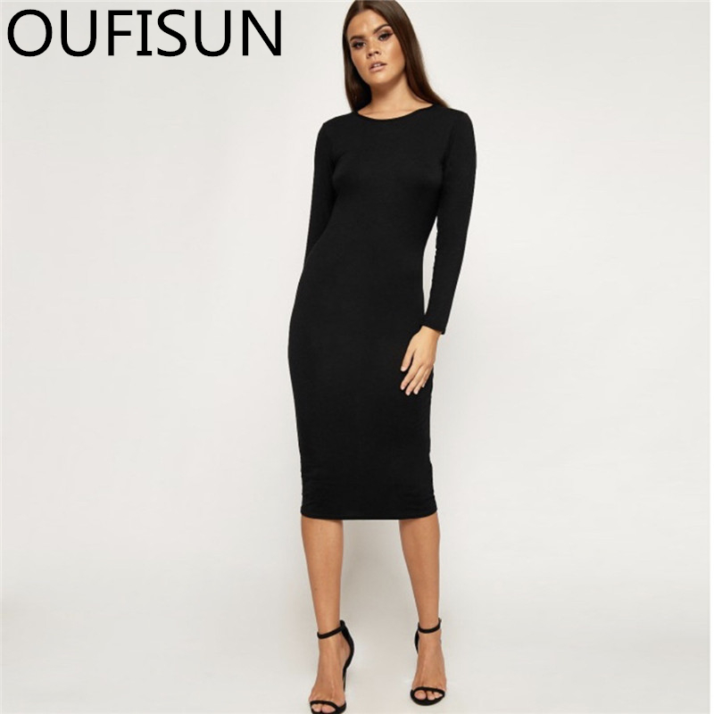 

Oufisun Long Sleeve Sexy Bodycon Dress Women Spring Summer Basic Solid Casual O Neck White Black es 210517