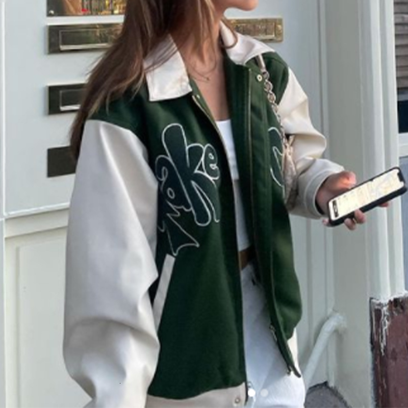 

Women's Jackets spring harajuku letter Applications woman's green bomber jacket contrast manga turn down collar ins uniform baseball ZZGA, 1# shoe box