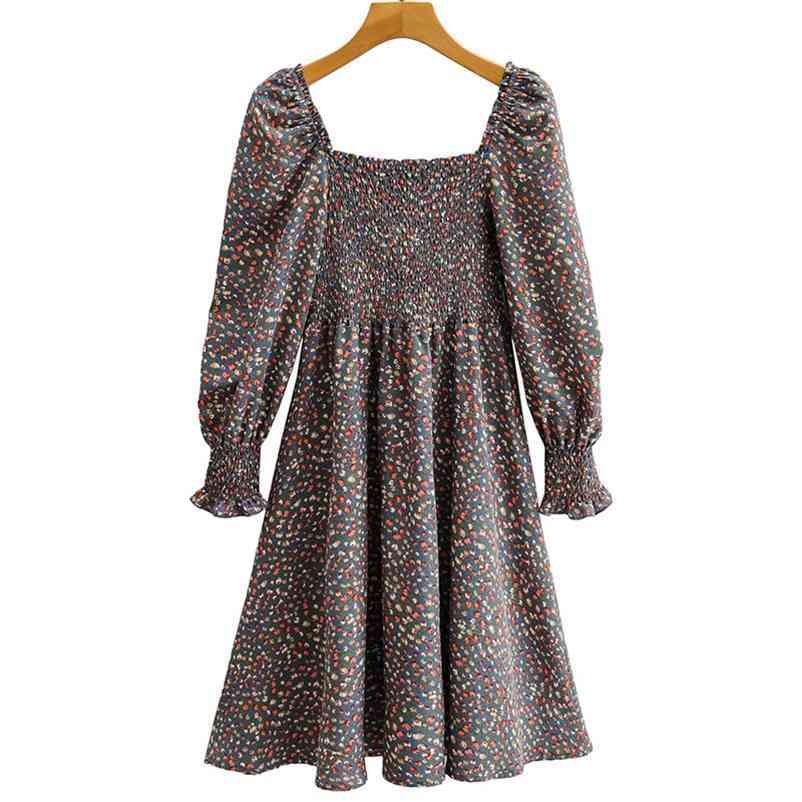 

Summer Women Mini Dress Ladies' Square Collar Long Sleeve Floral skirt Female Streetwear 210524, Blue