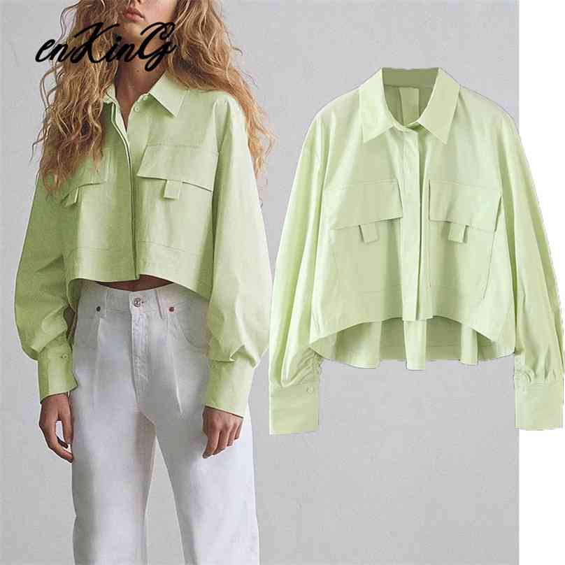 

casual england vintage solid green long sleeve za spring blouse women blusas mujer de moda short shirt womens tops 210719