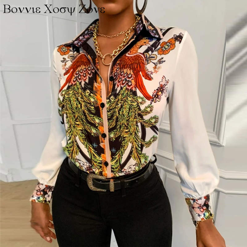 

Women Turn-down Collar Buttoned Design Phoenix Print Long Sleeve Shirt Oversized Blouse