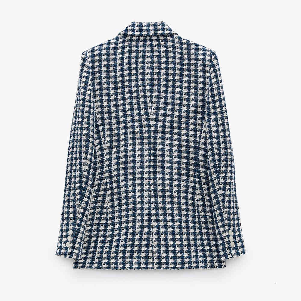 

Women's Suits & Blazers Personalised elegant female jacket shawl ollar breasted raw ee houndstooth tweed blazer, Blue.