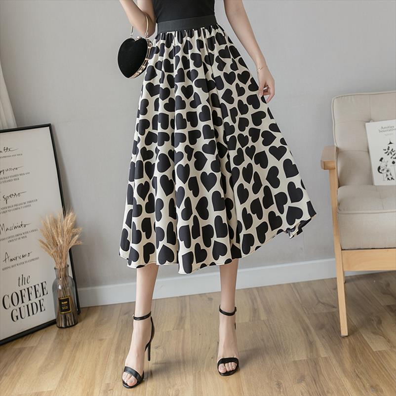

korean cute heart print midi women skirt long fashion summer casual a line elastic high waist female ladies, Black