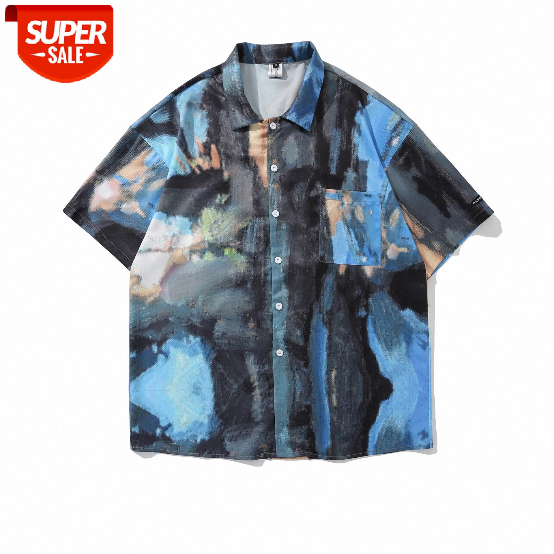 

Hip-hop street oil painting print short-sleeved shirt male oversize loose bf half-sleeved #Mi2O, White;black