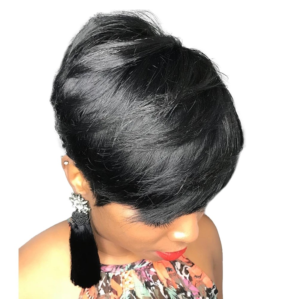 

Short Human Hair Wigs Full Machine Made Brazilain Piexie Cut Non Lace Front Wig For Black Women Daily Wear, Wig cap