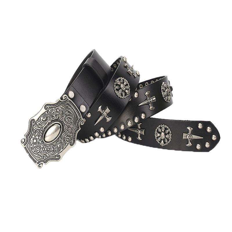 

Belts Western Fashion Skull Rivets Studded Men Women Genuine Leather Waist Strap Punk Rocky Paisley Embossing Buckle, White