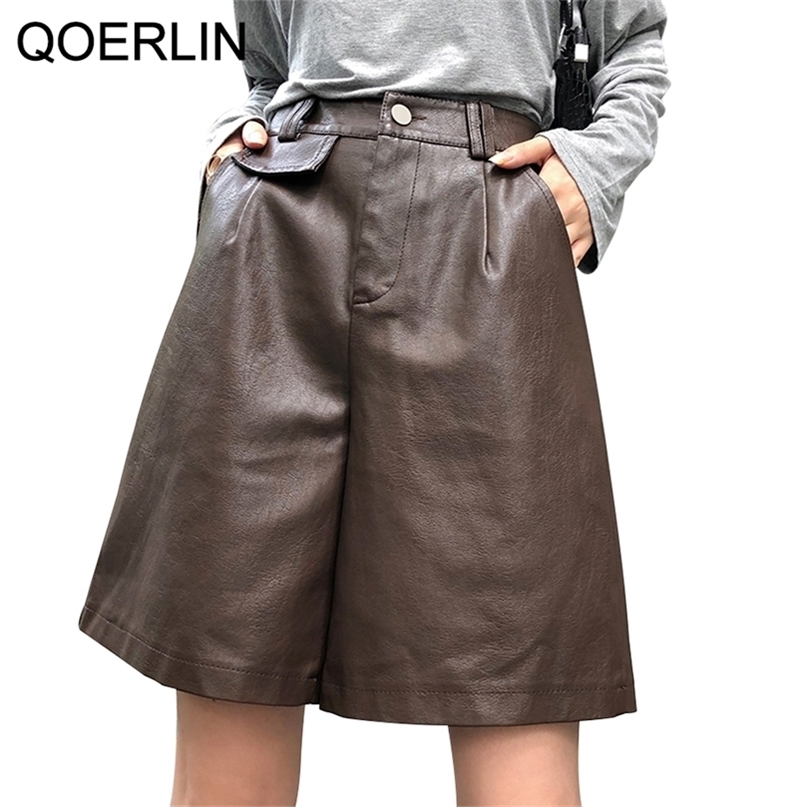 

QoerliN Bermuda Shorts for Women Faux Leather Summer Thin High Waist Streetwear Black Coffee PU Pant Plus Size 210722
