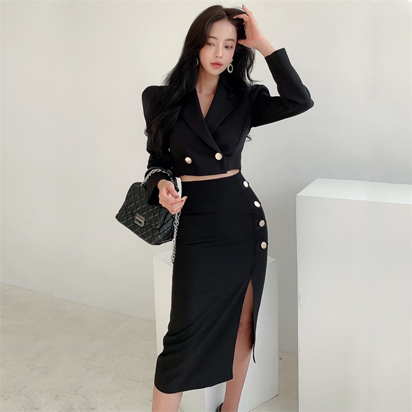 

The two-piece temperament of han edition cultivate one's morality short suit small jacket waist split package hip skirt 210602, Black (suit)