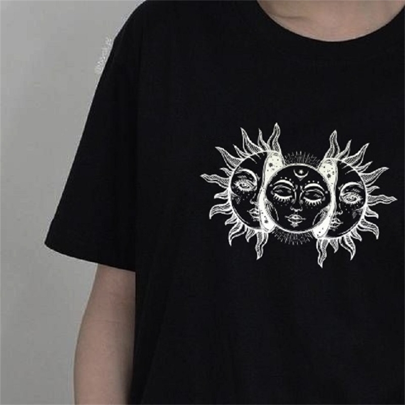 

Harajuku Women's Solar Eclipse Sun And Moon T-Shirt Vintage Fashion Aesthetic Grunge Tee Hipsters Gothic Clothing 210518, Black