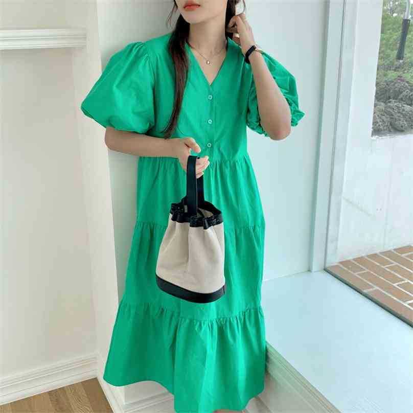 

Party Summer Solid Minimalist Girls Sweet Princess Lady Gentle Casual Streetwear Loose Long Dresses Vestidos 210525, Green