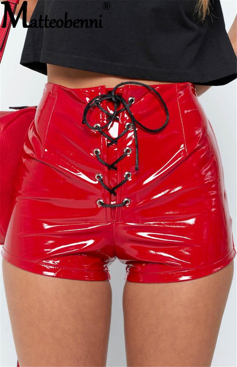 

Women's Shorts Women Gothic Black PU Leather Lace Up Wet Look Vinyl Lady Sexy Casual High Waist Girls Latex, Red