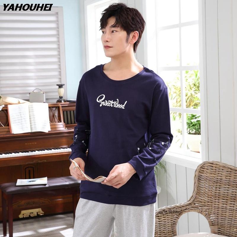 

Men's Sleepwear Casual Cotton Pajama Set For Men 2021 Autumn Winter Long Sleeve O-neck Letter Pyjama Male Lounge Homewear Home Clothes, Blue
