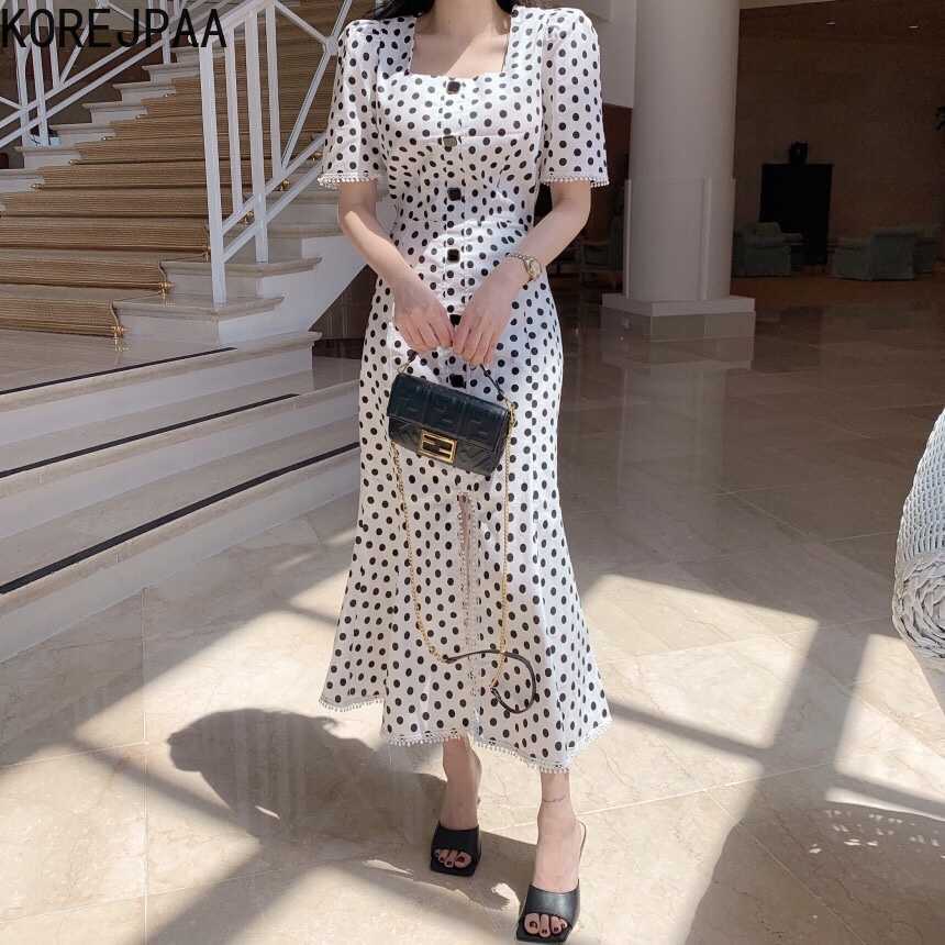 

Korejpaa Women Dress Summer Korean Chic Ladies Elegant Temperament Square Collar Fringed Polka Dot Split Fishtail Vestidos 210526, Black