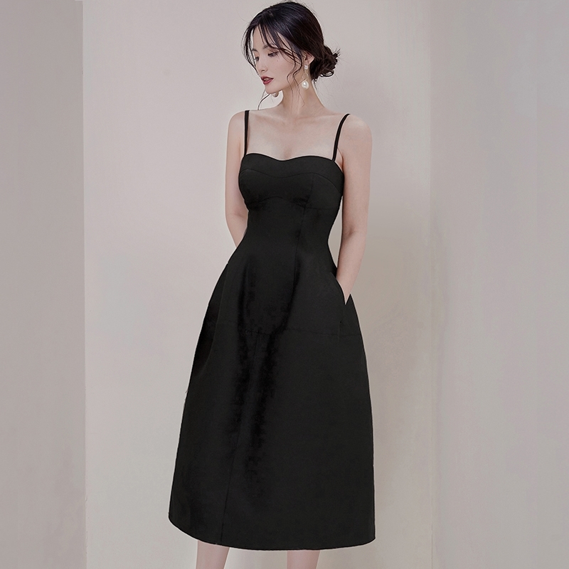 

Summer Fashion Sling Long Dress Women Casual Party Female Black Solid Vestidos 210520, Photo color