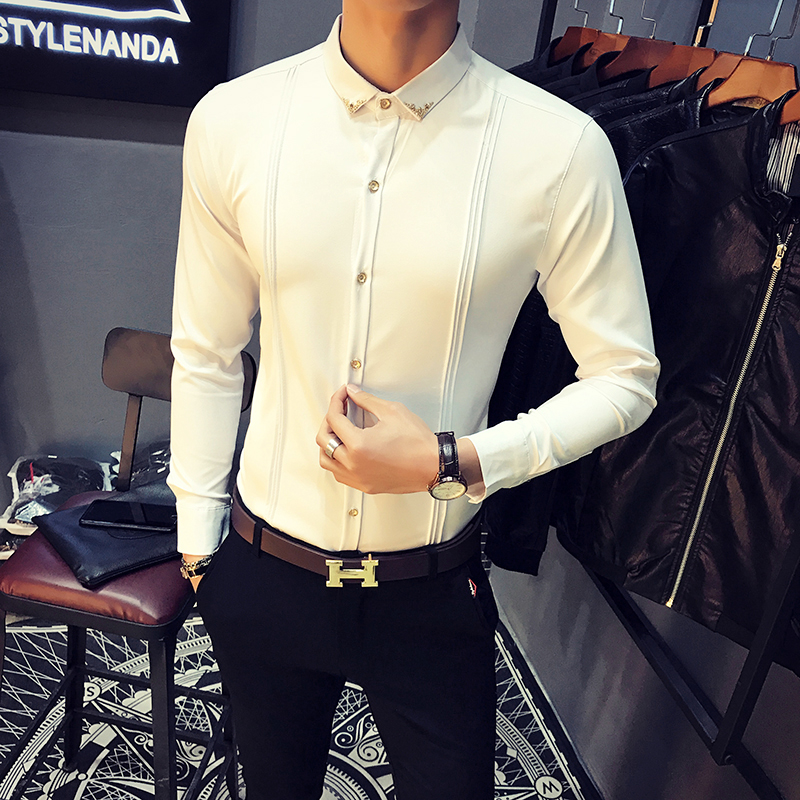 

Men' White Shirt Pleated Solid Slim Fit Tuxedo Shirts Male Long Sleeve England Style Casual Social Prom Dress Shirt for Men 5XL