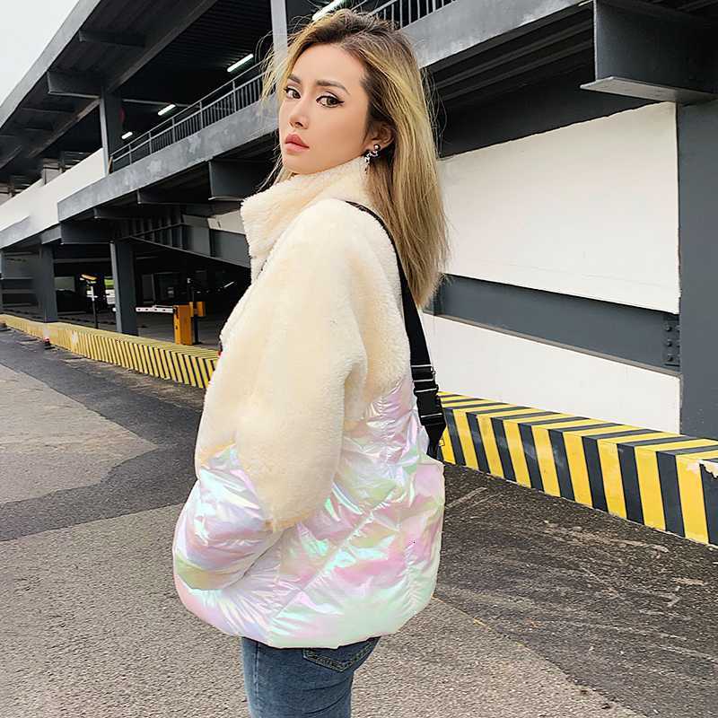 

Women's Down & Parkas Autumn winter coat women Lamb Bright color Spliced cotton padded jacket zipper high collar warm streetwear top M266, Black