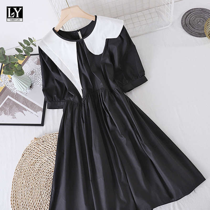 

LY VAREY LIN Summer Women Casual Loose High Waist White Black Dresses Sweet Irregular Peter Pan Collar Puff Sleeve 210526