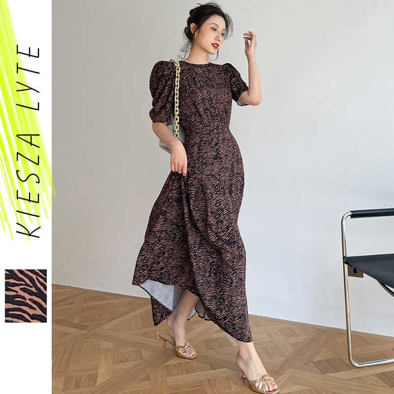

Vintage Print Puffed Sleeve Dress Summer Clothes for Women Zebra High Waist Midi Dresses Robe Femme Vestidos 210608