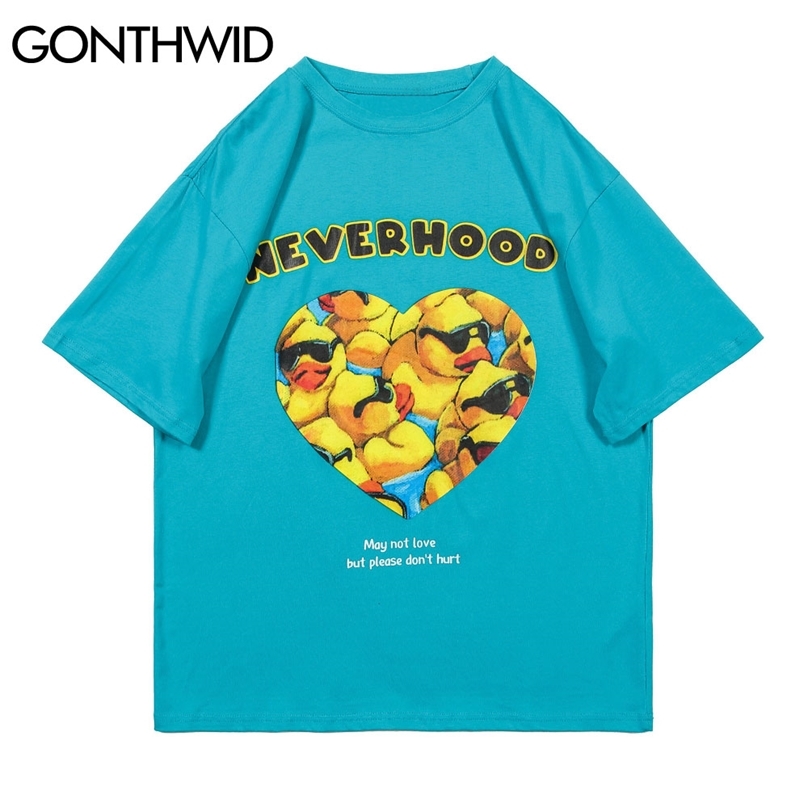 

Tshirts Harajuku Ducks Heart T-Shirts Streetwear Hip Hop Casual Short Sleeve Tees Tops Mens Fashion Cotton Loose Shirts 210602, Black