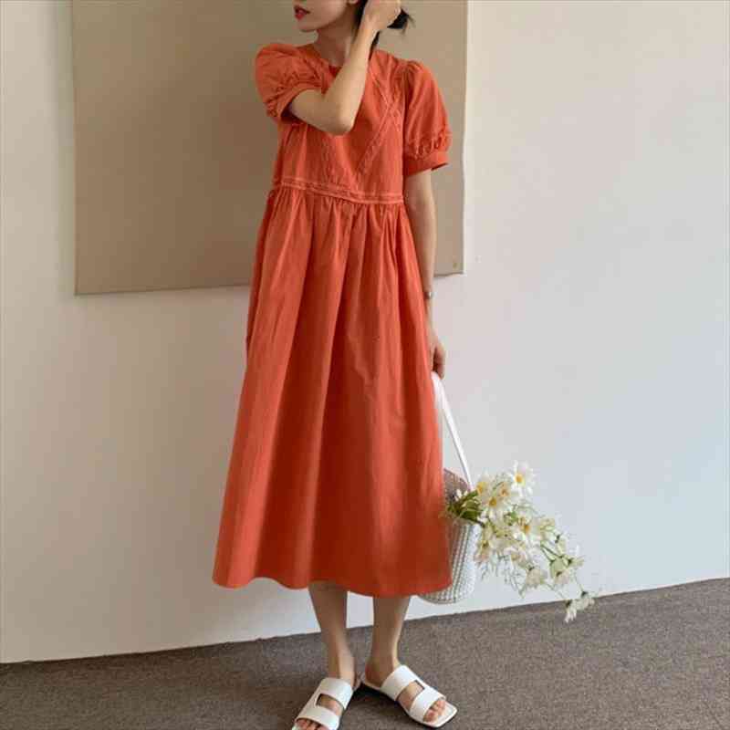 

women summer orange lace high waist loose long dress vintage puff sleeve midi sundress, Black;gray