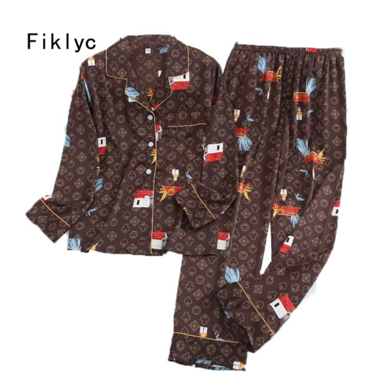 

Fiklyc Underwear Beautiful Women's Men Sleep Suits Nightwear Pajamas Pijamas Set Arrival Large Size Pyjamas Satin Sleep Wear 210928, Brown set