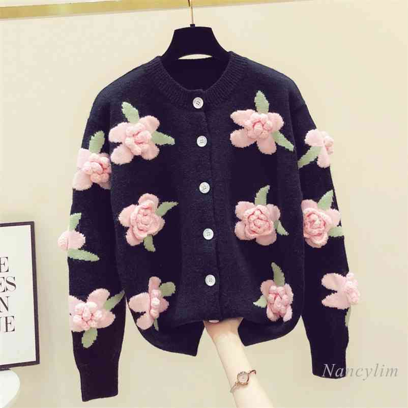 

Women's Three-Dimensional Flower Embroidered Sweater Autumn Winter Loose Vintage Handmade Crochet Knitted Sweaters 210519, Black