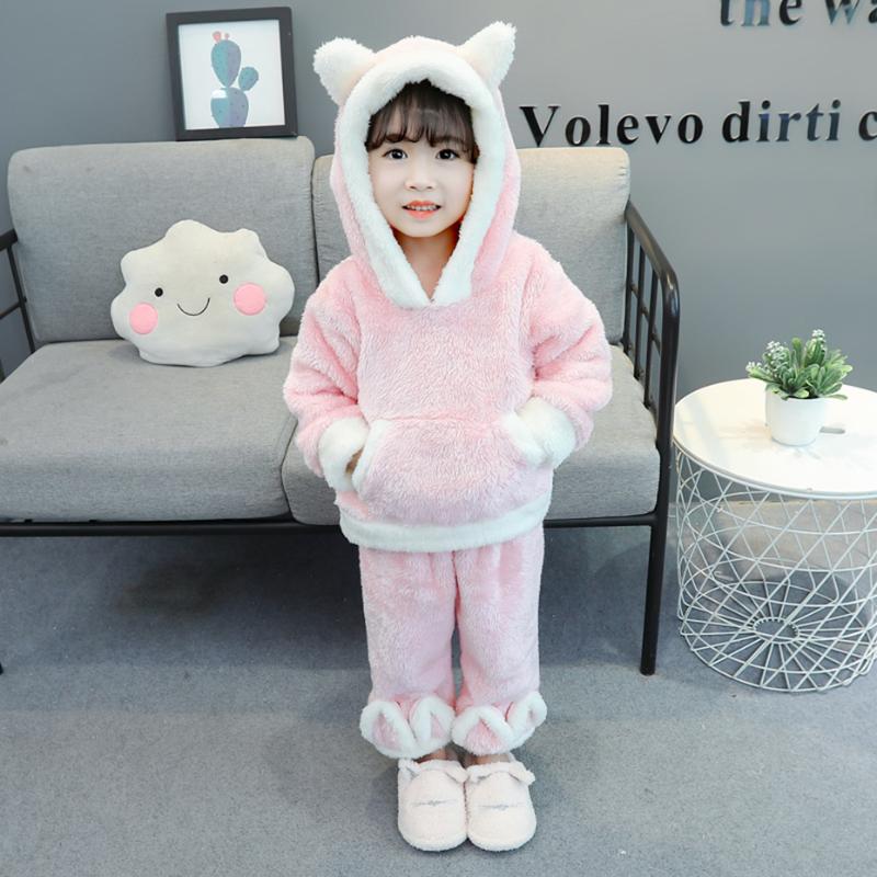 

Pajamas Winter Kids Sets Child Warm Sleepwear Cartoon Hoodies + Pants Girls Boys Nightwear Children Homewear For Girl, Blue;red