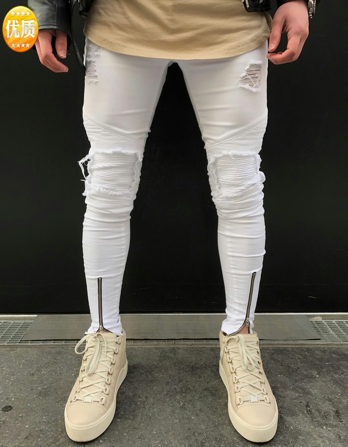 

jean fashion jeans men's white slim hole motorcycle fold pants trend, Blue