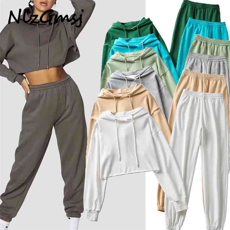 

Suit Women Causal Sweat 2pieces Sets Sexy High Waist Crop Top Hooded Sweatshirt + Stretch Harem Pants 210628, As picture