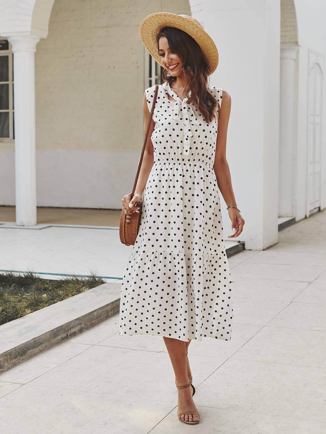 

Long Dress Women Polka-dot Pink White Ruched Midi Dresses Elegant Lacing-Up Bow Tie Casual Summer Dress Women Clothes 210521