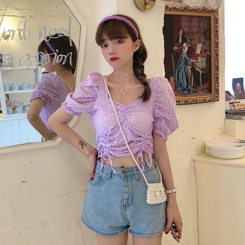 

Women's Blouses & Shirts COIGARSAM Vintage Blouse Women Bow Hollow Out High Waist Blusas Womens Tops And White Purple 36677