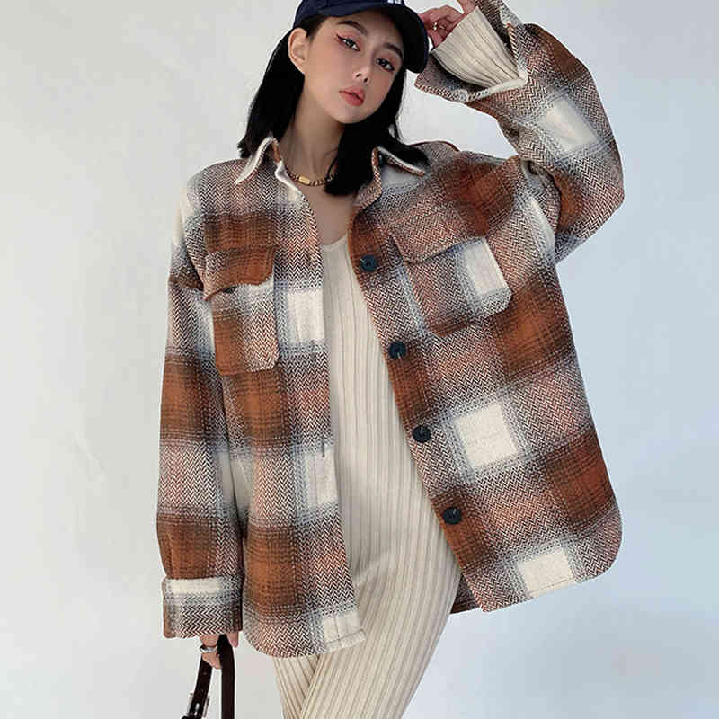 

Women Plaid Long Sleeve Pocket Oversize Woolen Jacket Female Loose Fashion Chic Streetwear Vintage Spring Coats 210517, Red
