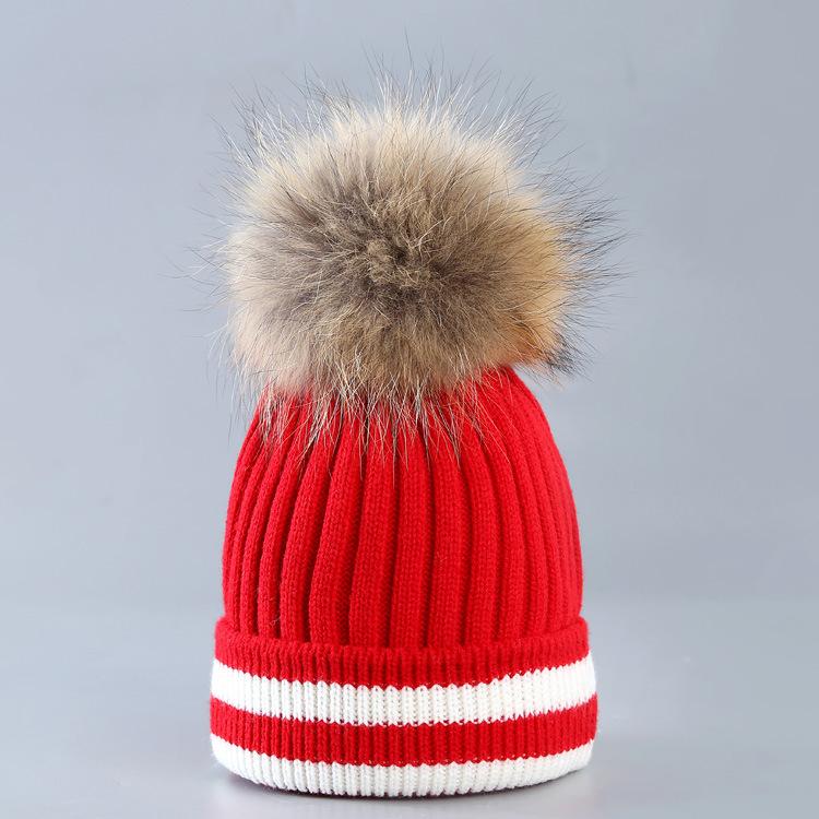 

Beanie/Skull Caps Fashion Outdoor Winter Warm Beanie Hat Wool Ball Color Matching Striped Knitted Fedoras Woman, Red