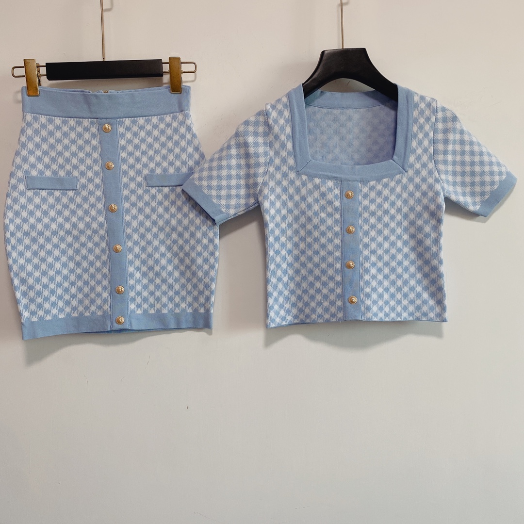 

512 2021 Spring Summer Brand Same Style Two Pieces Sets Square Neck Empire Short Sleeve High Quality SC, Customize