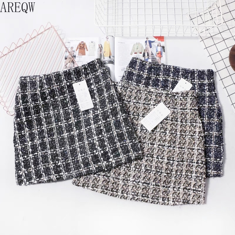 

2021 New Tweed Skirt Spring Autumn Clothing for women Korean Elegant Plaid Cute Bottoms for Ladies A Line Short Mini Skirts, Black