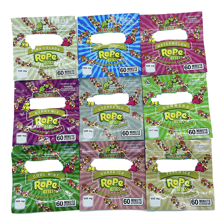 

Square Medicated ND rope Bites mylar bags 500mg 400mg rope dope original smacker empty Gummy package bag plastic smell proof baggie 600mg edible packaging baggies