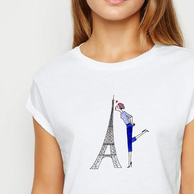 

womens t shirt female paris girls kawaii spring summer beautiful graphic printing design ropa mujer o collar shirts, White