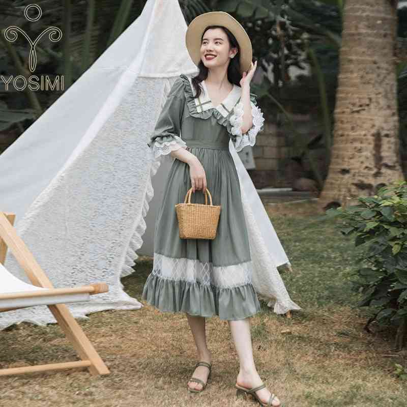 

YOSIMI Long Women Dress Summer Green Patchwork White Lace Preppy Style Half Sleeve Mid-calf Dresses Vestido Feminino 210604