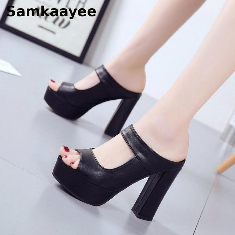

Dress Shoes Size 35-39 Womens Pumps Spring Autumn Female Platform Sandals 11cm High Heels Leather Mujer Slippers Peep Toe Zapatos Y44, Black