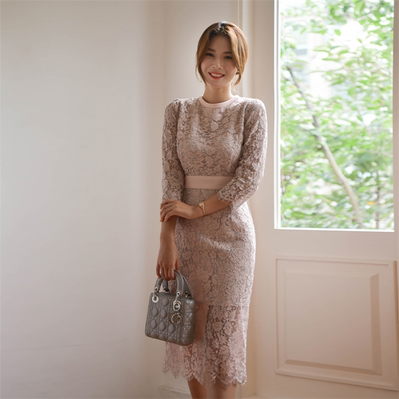 

autumn Lace Office Dress Korea Ladies Long Sleeve Crew neck Midi party Formal Dresses for women clothing 210602, Pink