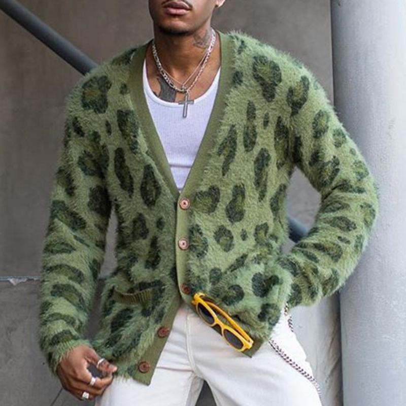

Men's Sweaters Autumn Winter Green Leopard Printed Sweater Long Sleeve Slim Casual Man Cardigan Knitted Men Outerwear Tops African Fashion