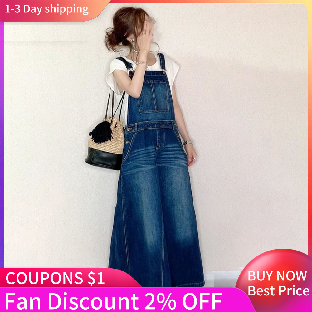 

Strap Denim Dress Washed And Polished Japanese Loose Strap Ladies Long Dresses Casual Pocket Ankle-Length 2021 Fall Female Dress, Blue
