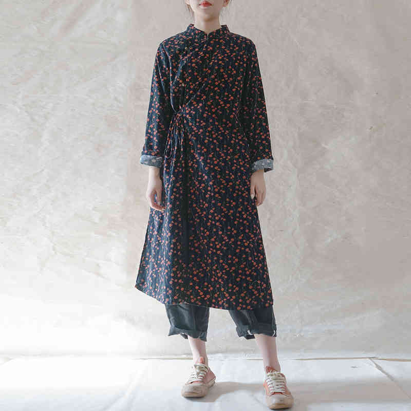 

Johnature Women Corduroy Vintage Long Sleeve Dresses Print Floral Stand Belt Robes Spring Original High Quality Dress 210521, Multi
