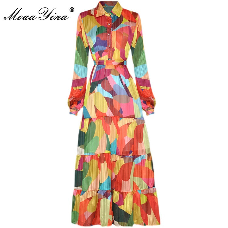 

Fashion Designer Set Summer Women turn-down collar Long sleeve Vacation Blouses Tops+Skirt Color Print Two-piece set 210524, Multi