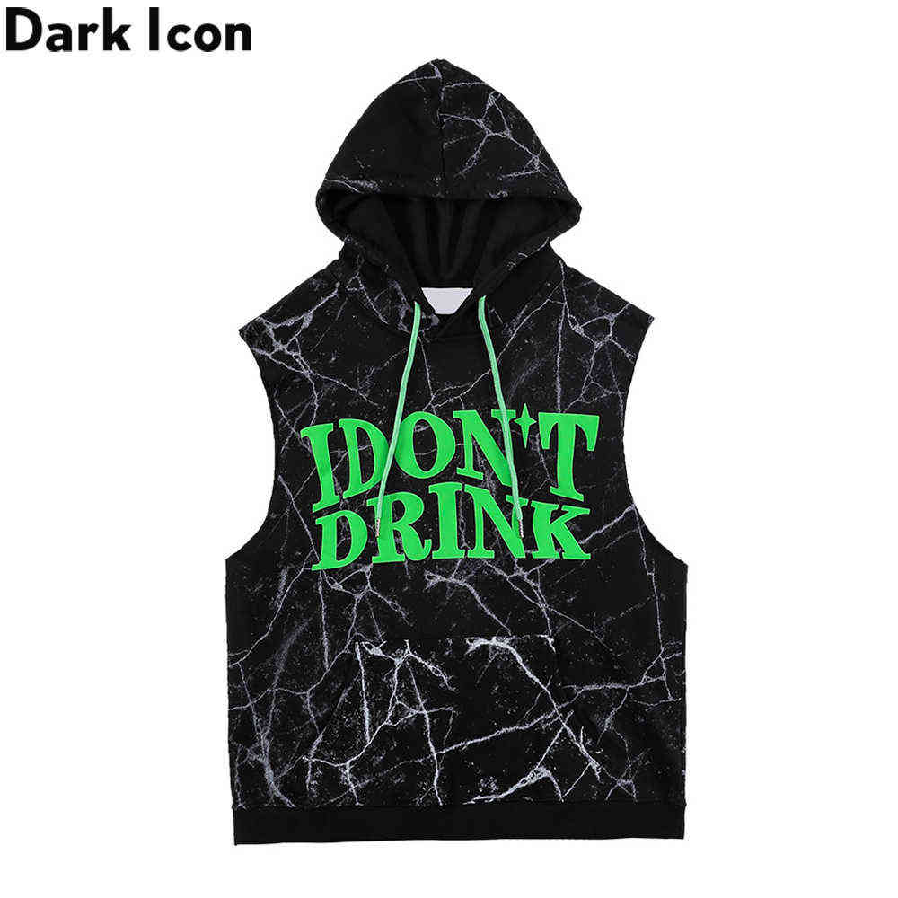 

Tie Dyeing Printed Men's T-shirt with Hoodie Sleeveless Terry Material Hip Hop Tshirts Black White 210603