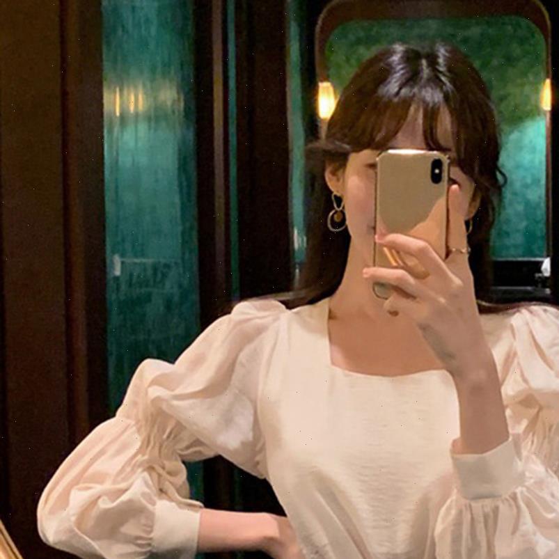 

women womens blouses square collar retro sweet puff sleeve autumn temperament daily long pleated blouse fashion elegant shirt cloth, White