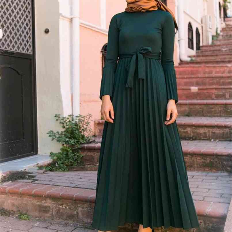 

Arrival Solid Long Maxi Dress Women Autumn Fashion O-neck Flare sleeve Pleated Holiday Party Plus Size S- 210602, Green