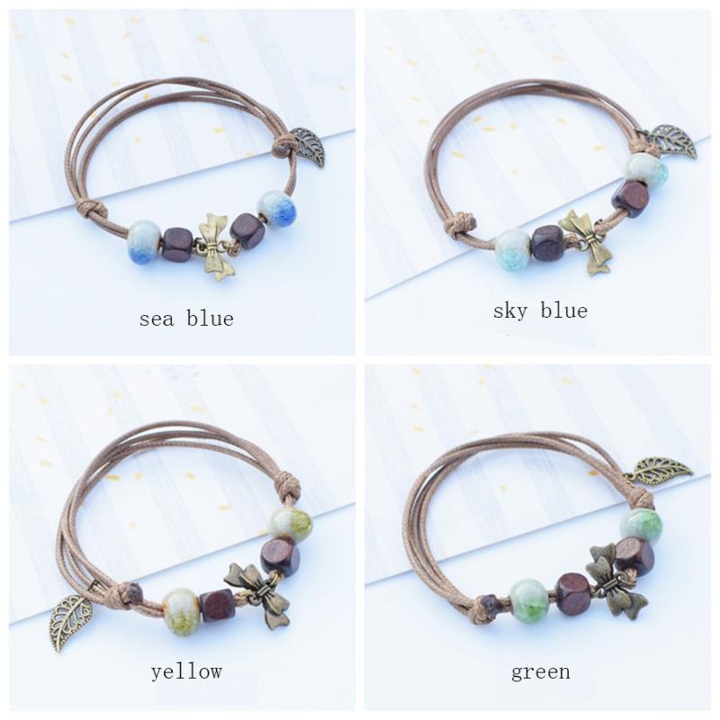 

Beaded, Strands Bowknot Ceramic Leather Beads Ethnic Rope Chain Ceramics Bracelets & Bangle For Women Adjustable Bead Leaf Pendant Bell Gift, Black